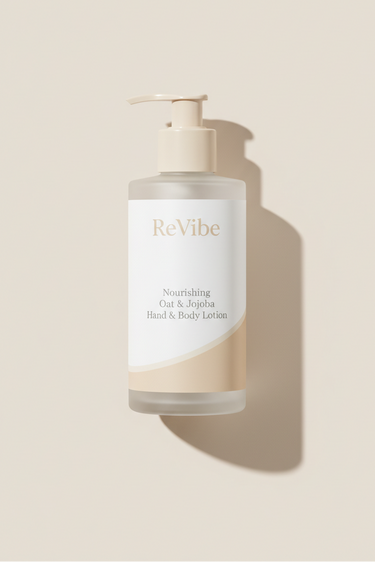 Hand & Body Lotion frosted pump bottle standing upright on #F4F0ED background, premium studio hero shot