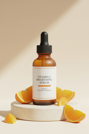 Vitamin C Brightening Serum on luxury stone pedestal with orange slices